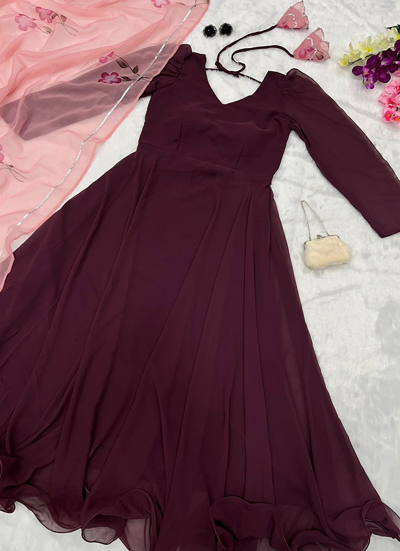 Dusty Pink Ruffle Flair Plain Georgette Long Gown – Amrutamfab