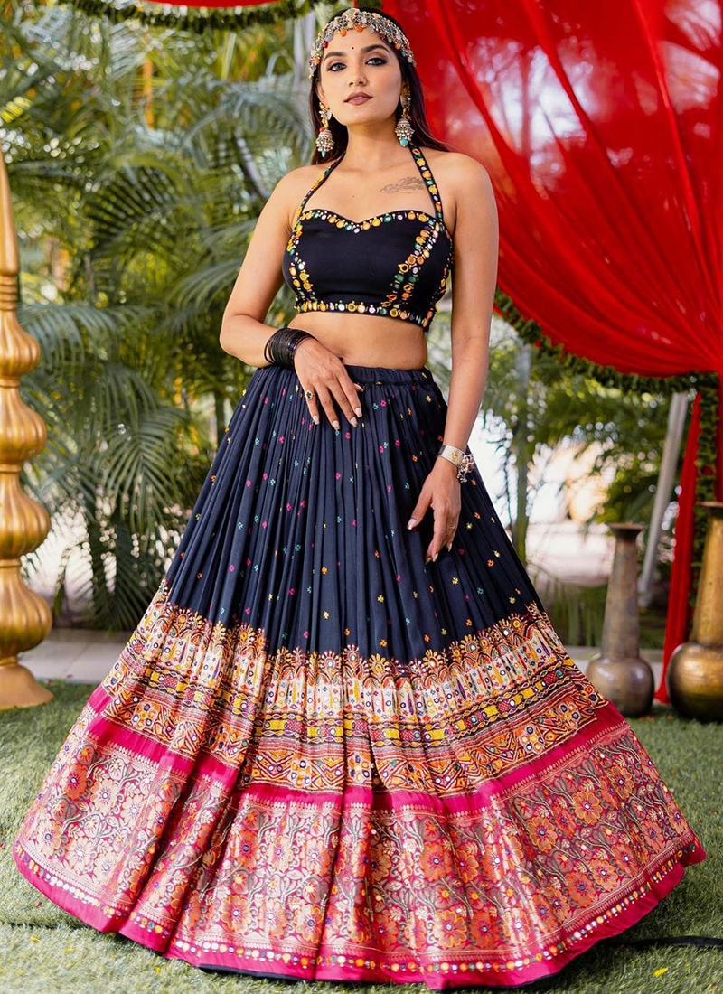 Multi Colored Embroidered Lehenga in Chinon with Mirror Work Blouse
