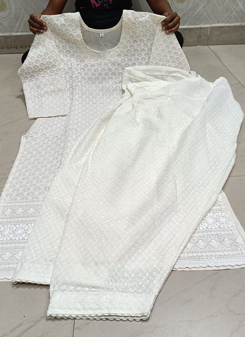 Off White Hand Printed Chicken Schiffli Cotton Kurti With Pant And Mulmul  Dupatta