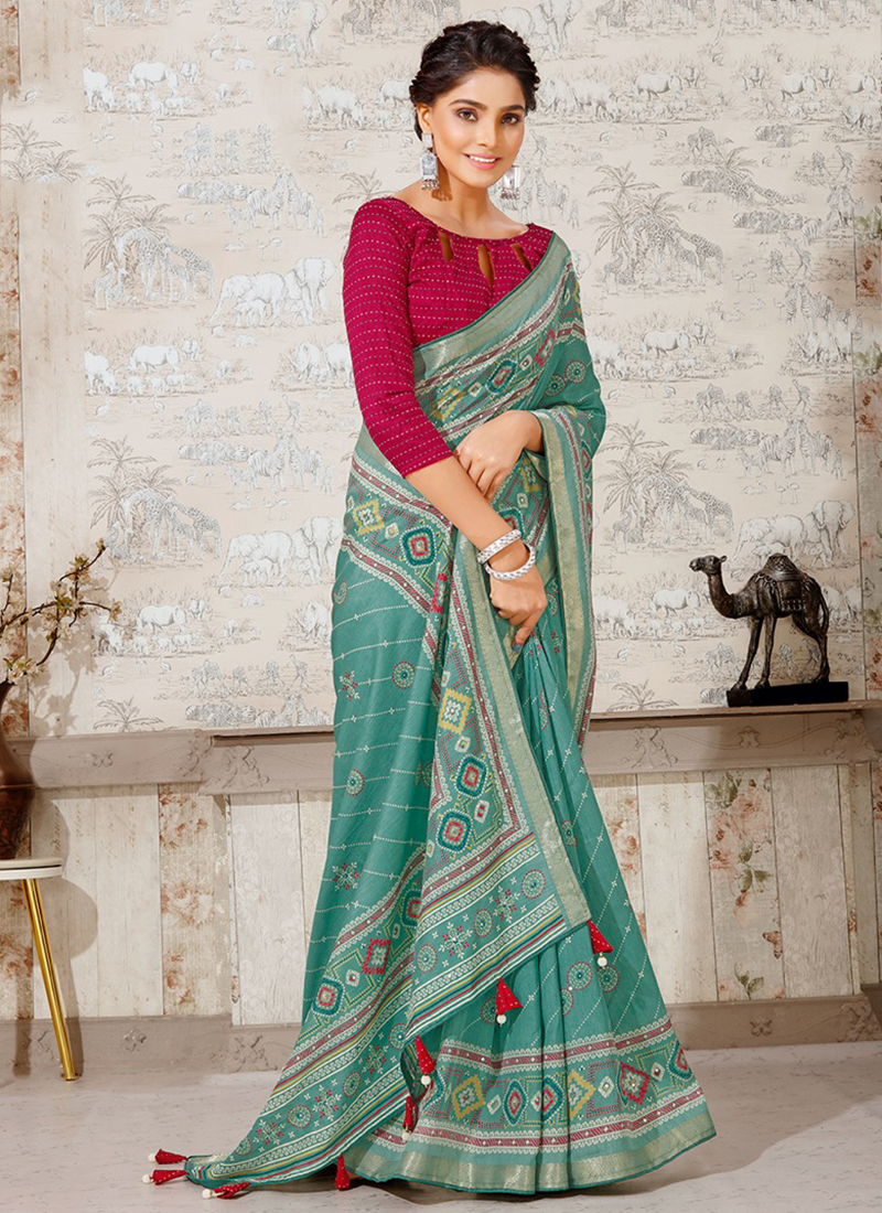 Latest Designer Khun Saree with Ikat & Kutch Mirror Work with Cotton Silk  Pleats – Sujatra