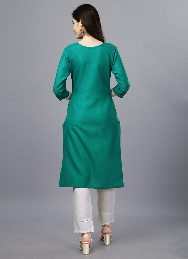 Firozi Color Cotton Blend Mandarin Neck Embroidery Work |Kurti | Party wear  indian dresses, Fashion pants, Kurti