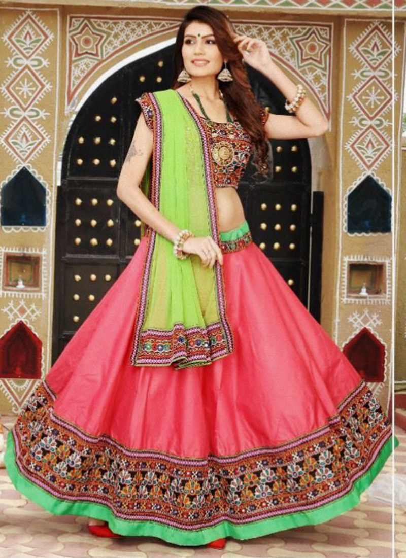 Buy Pink Cotton Navratri Wear Mirror Work Ready To Wear Lehenga Choli Online From Wholesale Salwar 3957