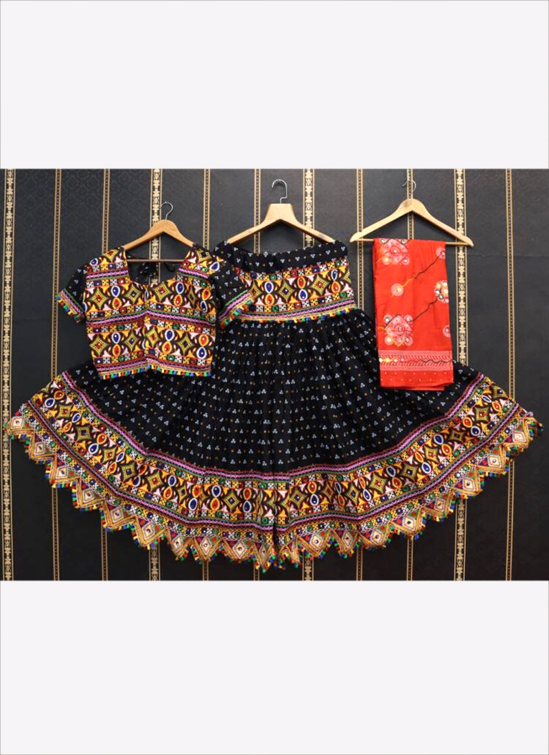 Buy Black Cotton Navratri Wear Mirror Work Ready To Wear Lehenga Choli Online From Wholesale Salwar 0458