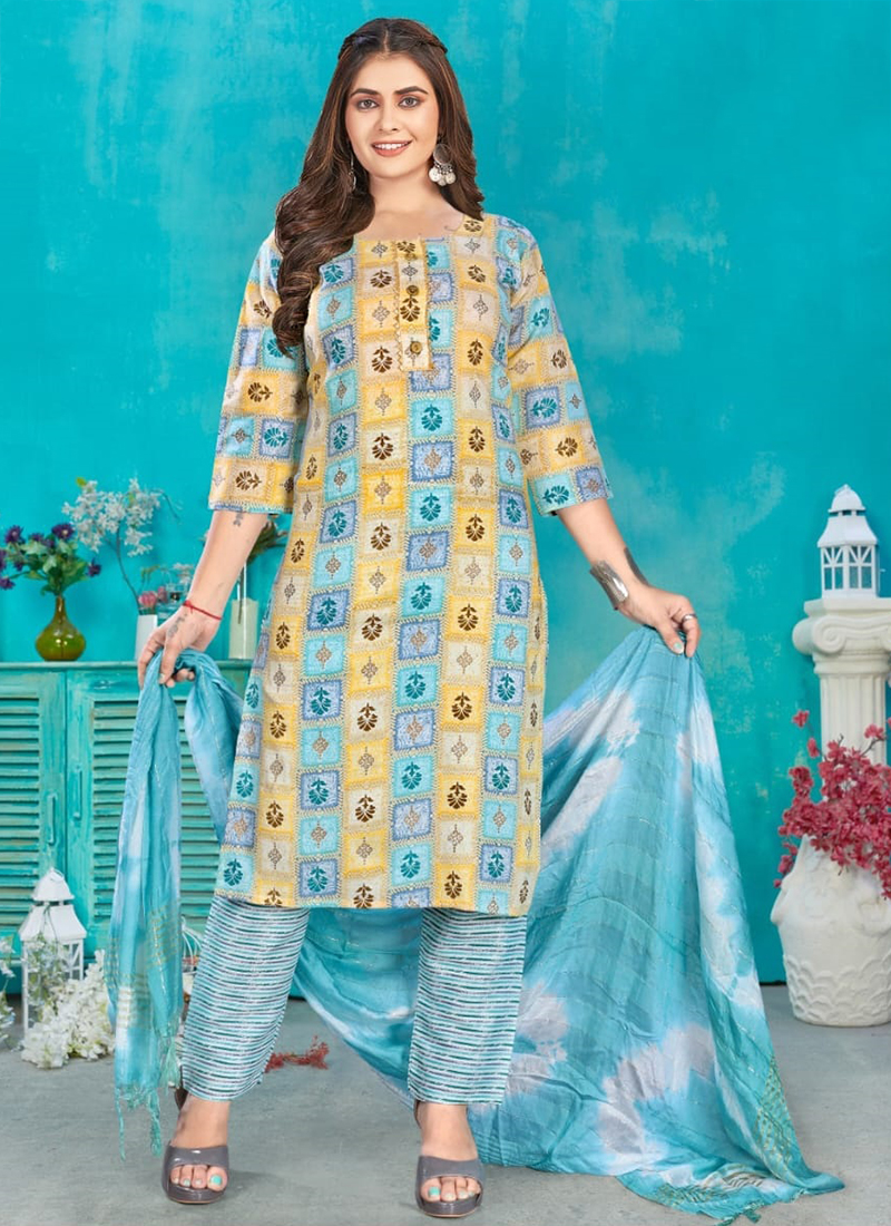 Sky Blue Cotton Daily Wear Printed Work Readymade Salwar Suit DHUNKI 182