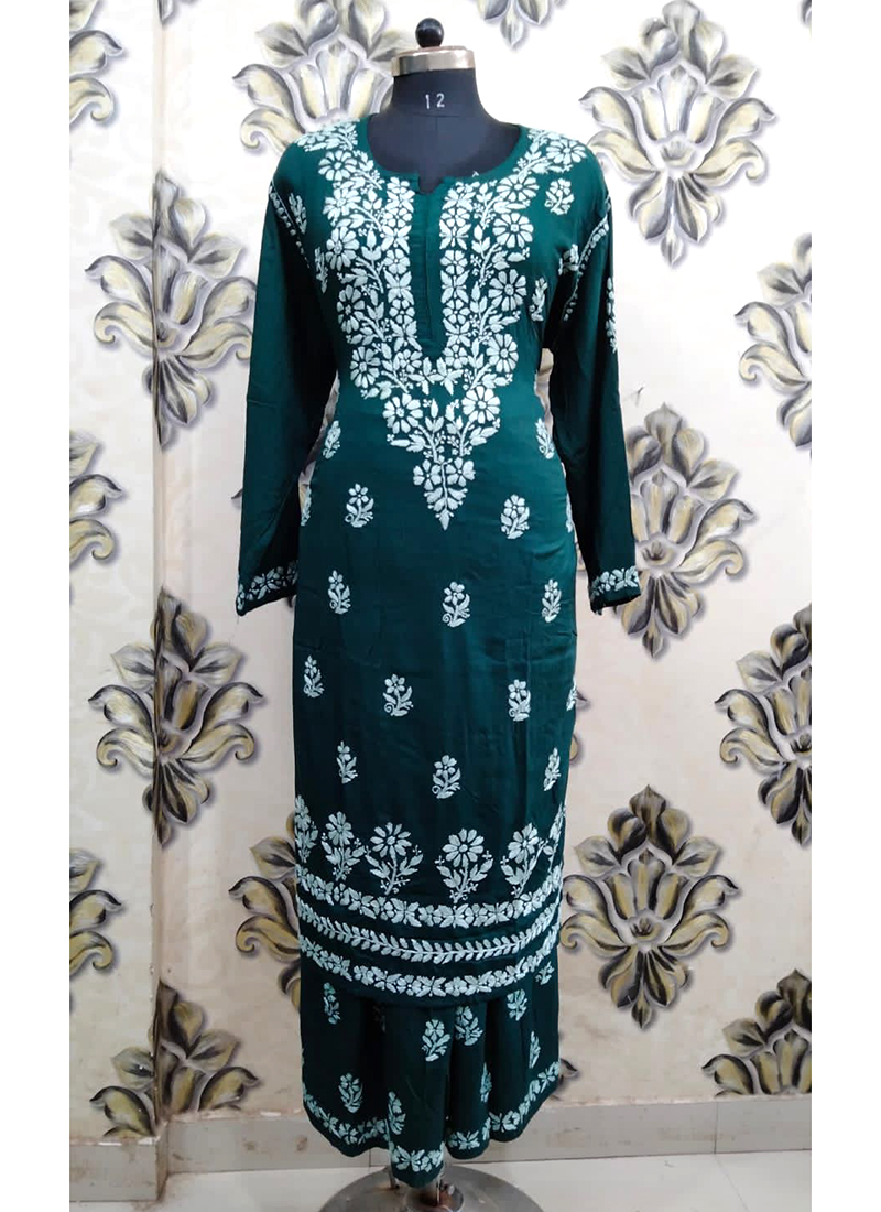 Violet Lucknowi Embroidered Georgette Kurti Palazzo Set-as247.edu.vn