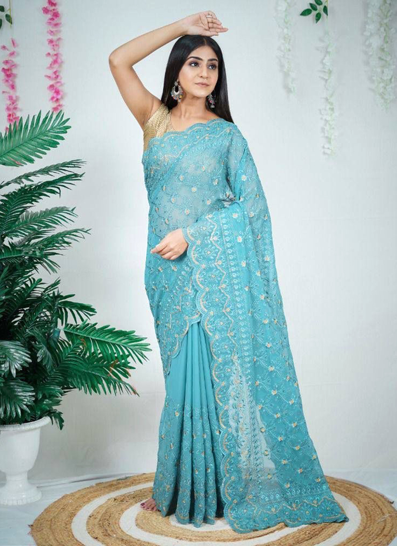 Buy Gajra Gang Chand Sitara Teal Sequence Scallop Border Sarees GGSAR22  (Free Size) Online