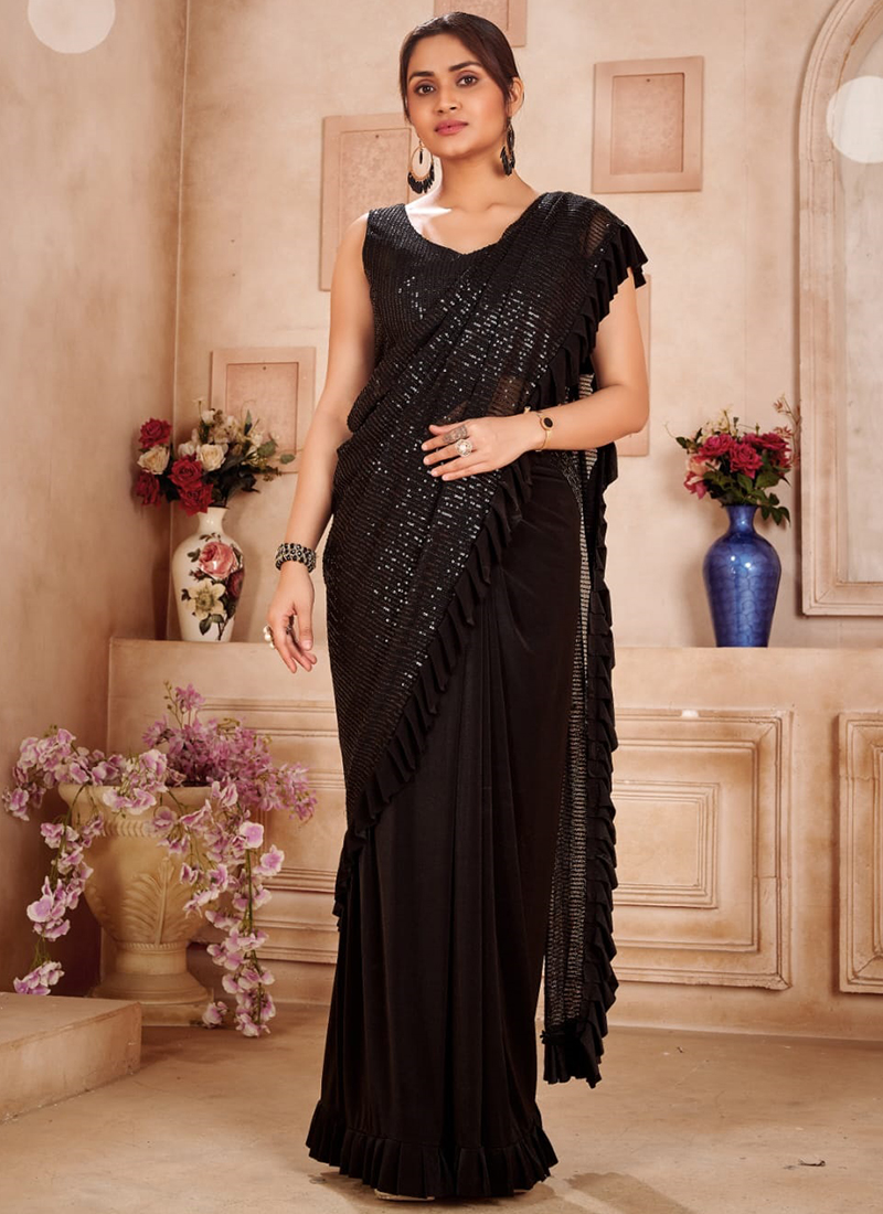 Premya By Manishii Pre-stitched Georgette Saree With Blouse | Black,  Cutdana, Saree, Crew, Straight | Party wear indian dresses, Stylish sarees,  Aza fashion