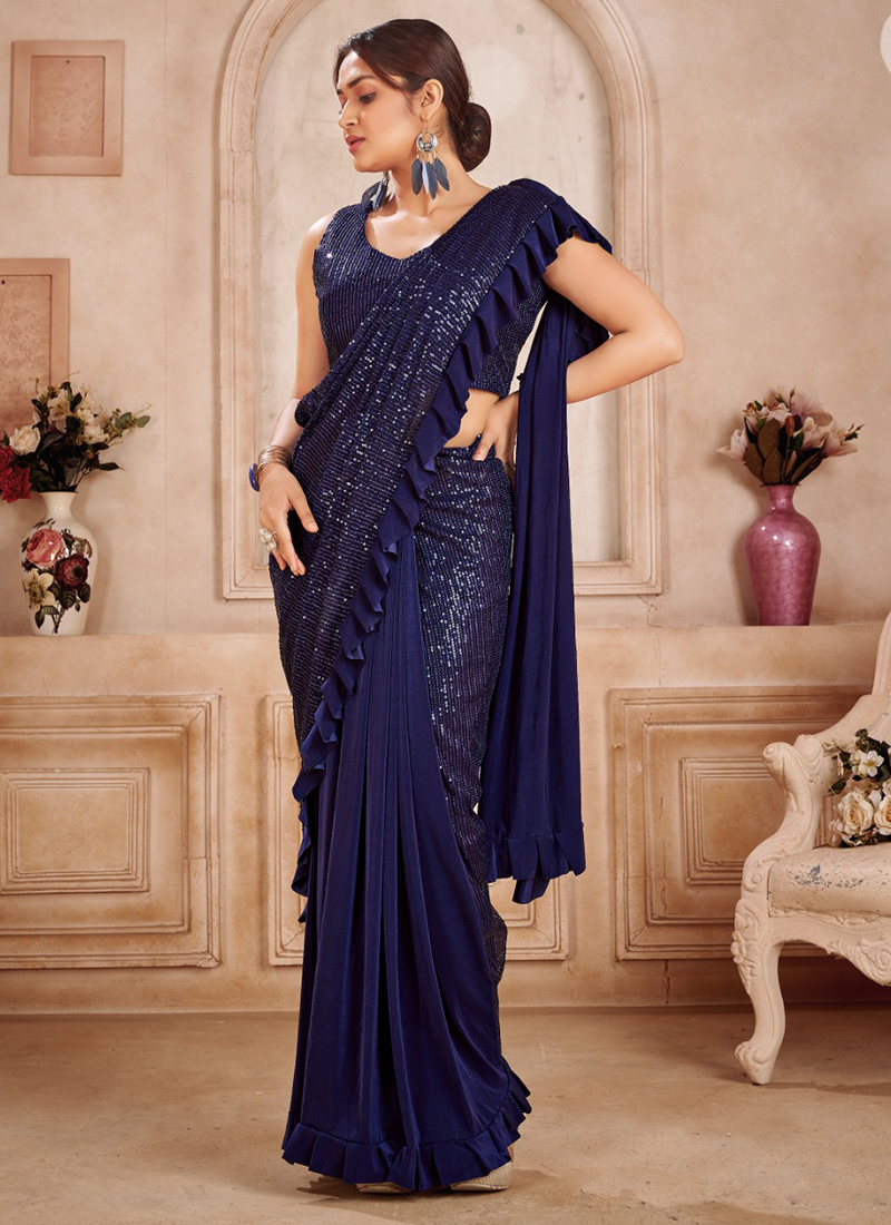 Marvellous Blue Lycra Net Designer Readymade Saree