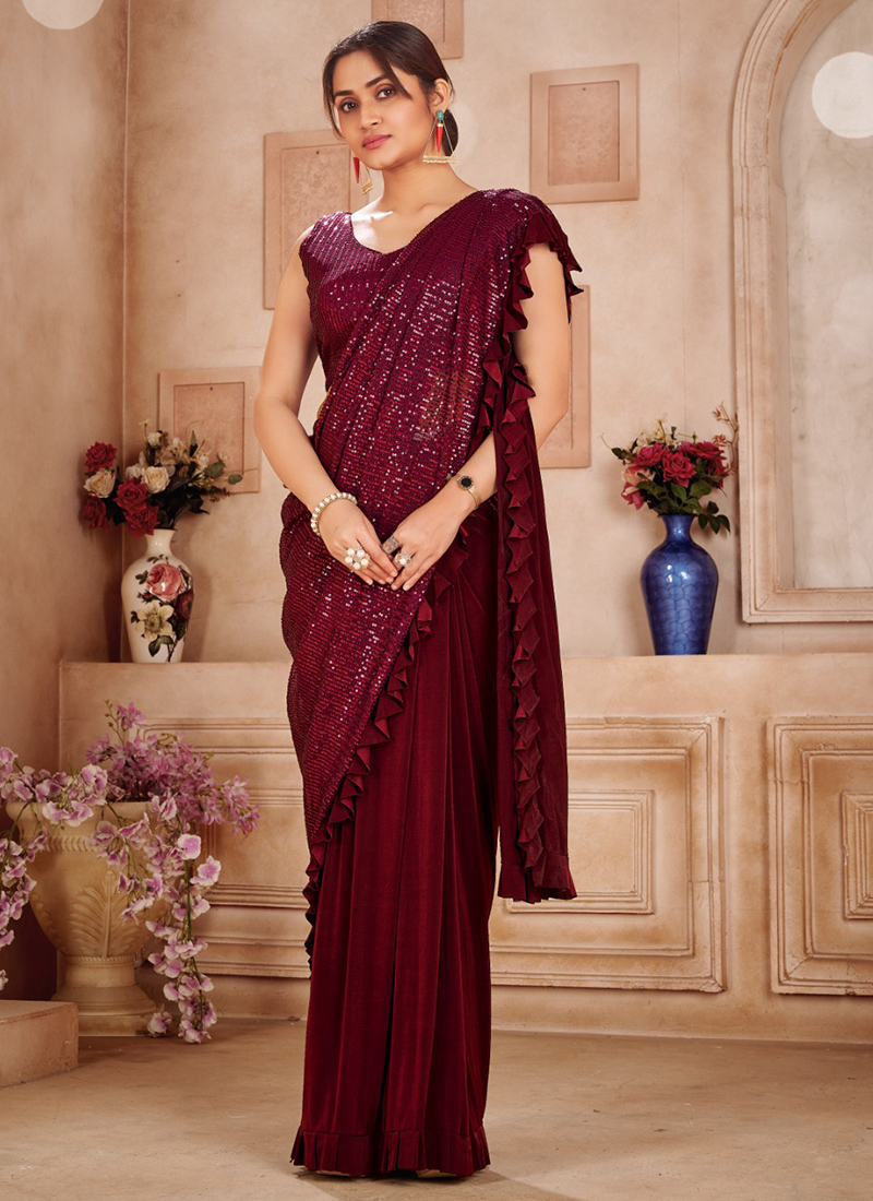 Wine Red Bridesmaid Saree | Bridesmaid saree, Blouse designs, Stylish sarees