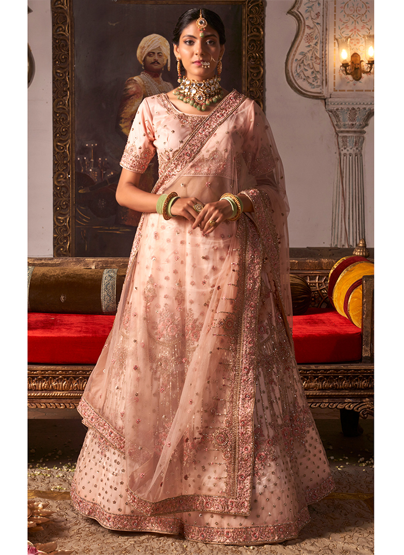 Buy Baby Pink Net Reception Wear Mirror Work Lehenga Choli Online From