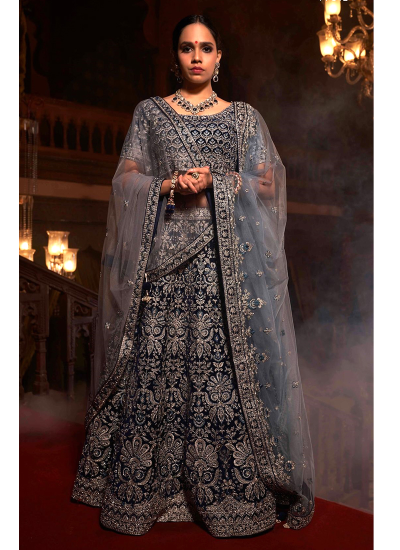 Steel Blue Hand Work Embroidered Bridal Lehenga Choli