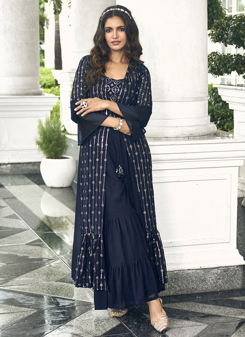 Buy Navy blue Faux Georgette Party Wear Embroidery Work Top