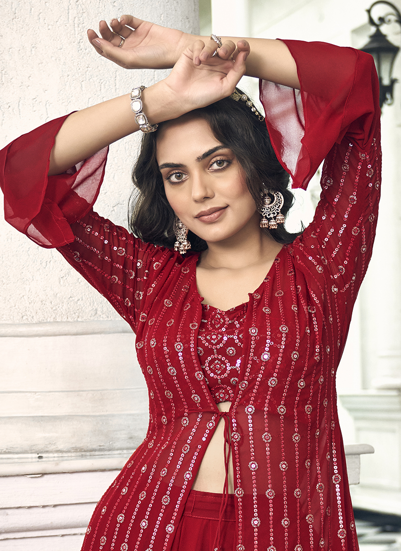 Buy Red Faux Georgette Party Wear Embroidery Work Top Palazzo With