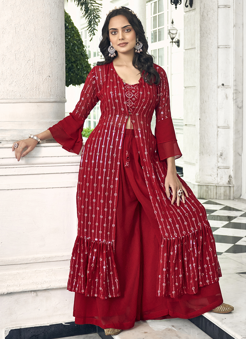 Buy Red Faux Georgette Party Wear Embroidery Work Top Palazzo With