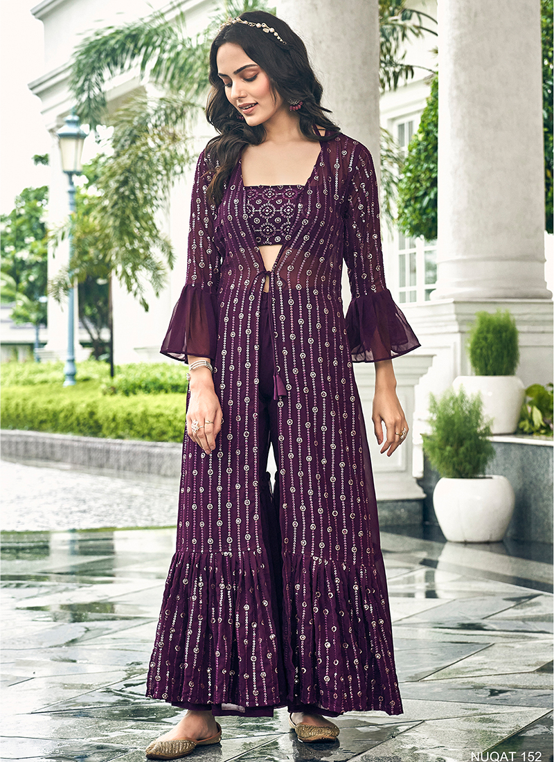 Wine Faux Georgette Party Wear Embroidery Work Top Palazzo With Jacket NUQAT 152