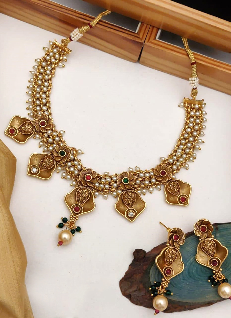 Buy Brass High Gold Antique Rajwadi Mina Colour Necklace set with