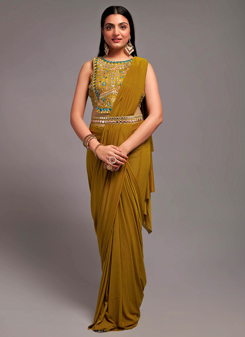 Lycra Party Wear Readymade Saree in Green With Sequence Work