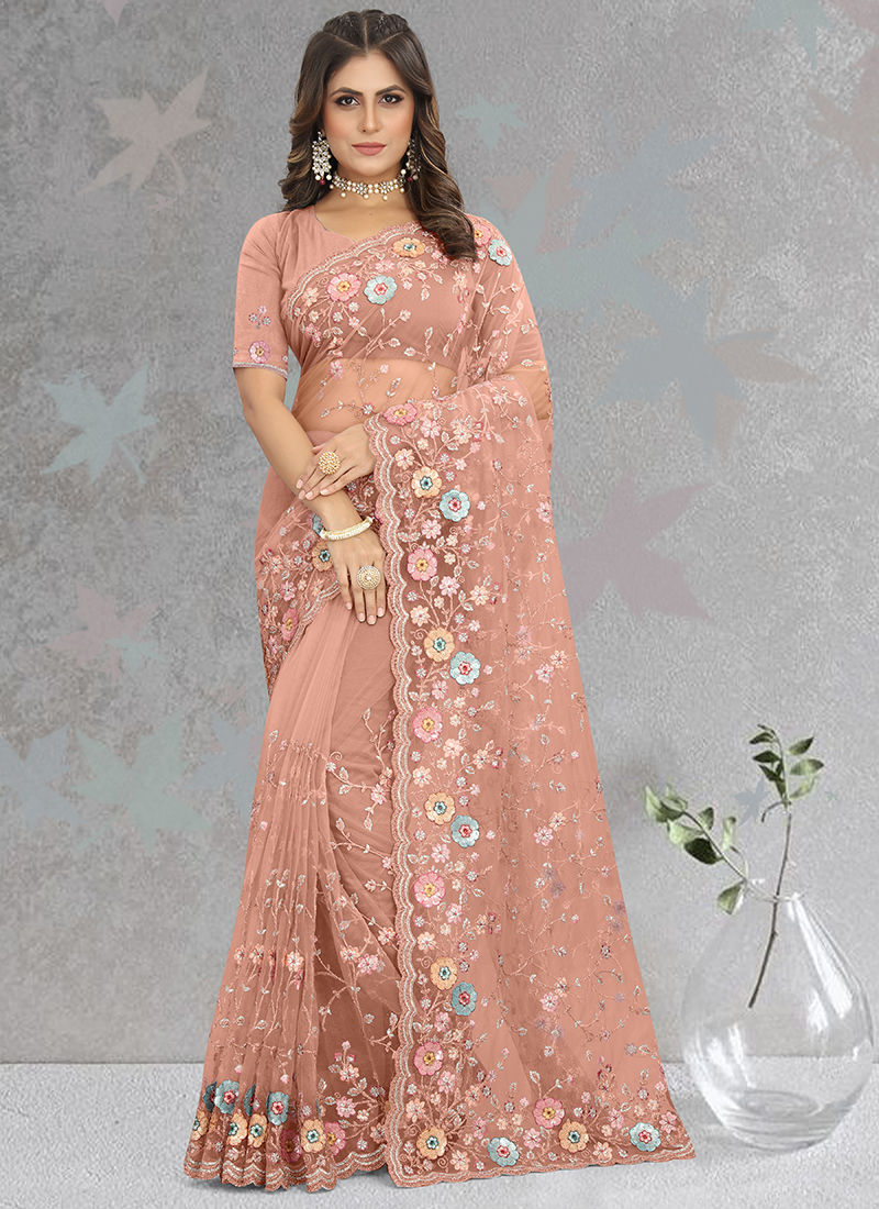 Buy Gold Sequins Embroidered Peach Shimmer Saree Online
