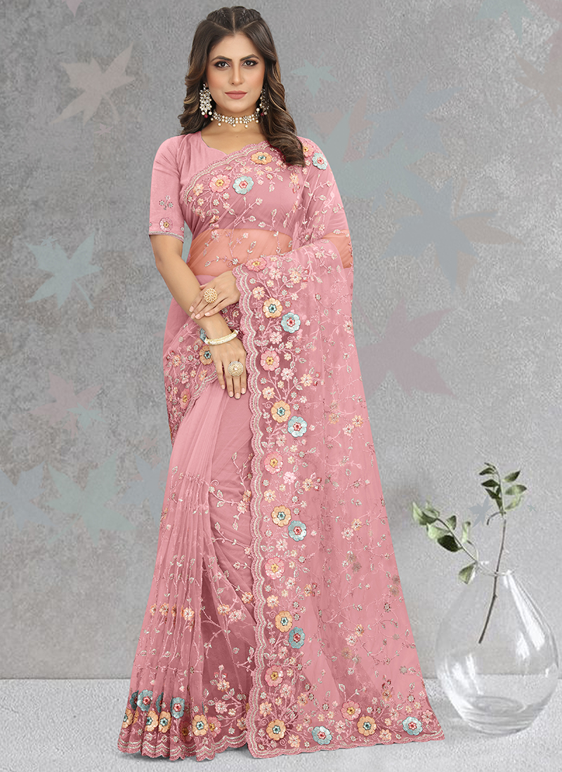 Wedding Collection Stone Embroidered Net Light Pink Saree SARV139543