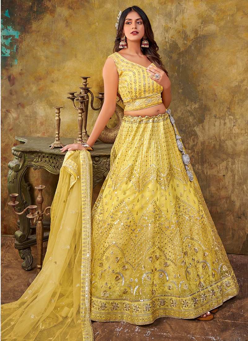 Lemon and Peach Heavy Embroidered Gota Pati Work Banarasi Silk Semi-St