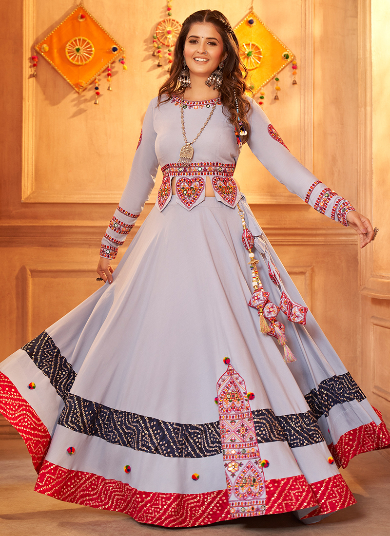 Buy Sky Blue Viscose Rayon Navratri Wear Thread Work Ready To Wear