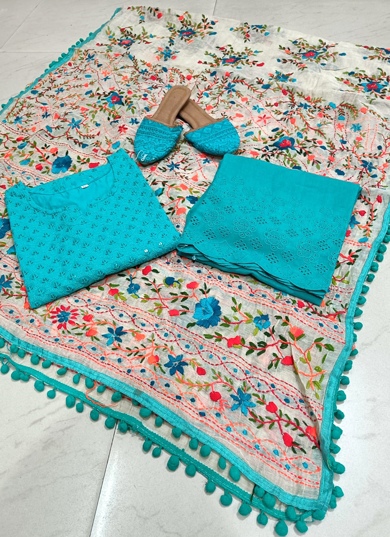 Buy Sky Blue Cambric Cotton Festival Wear Chikankari Phulkari Suit