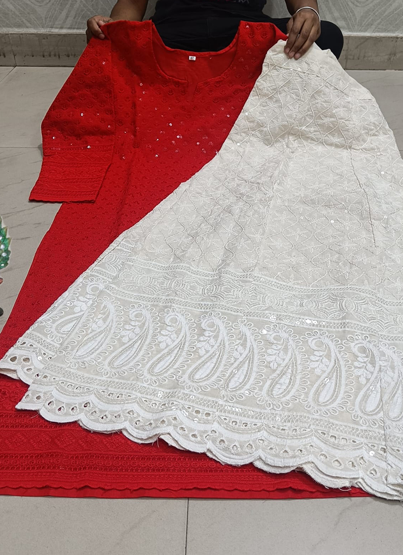 FASHIONABLE EMBROIDEDRY CHIKANKARI KURTI WITH PALAZZO RED –  TextileGarment.Store