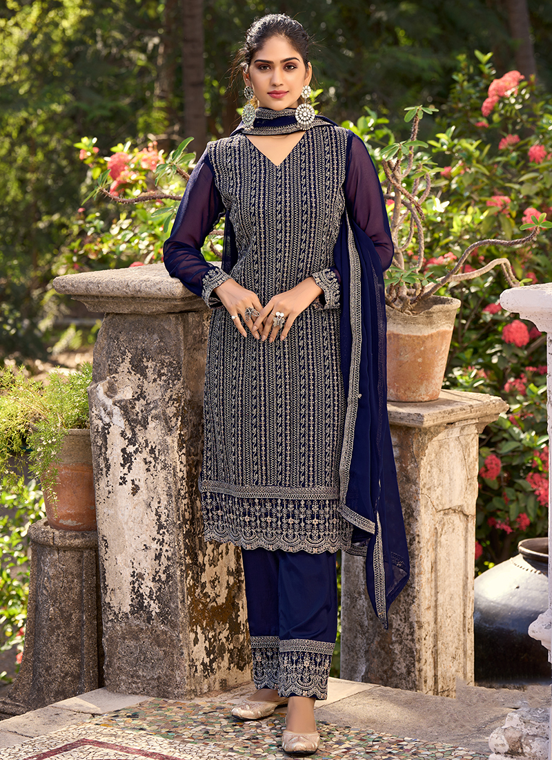 Buy Navy Blue & Red Jacquard Cotton Printed & Embroidered Salwar Suit For  Women Online at Best Prices in India - JioMart.