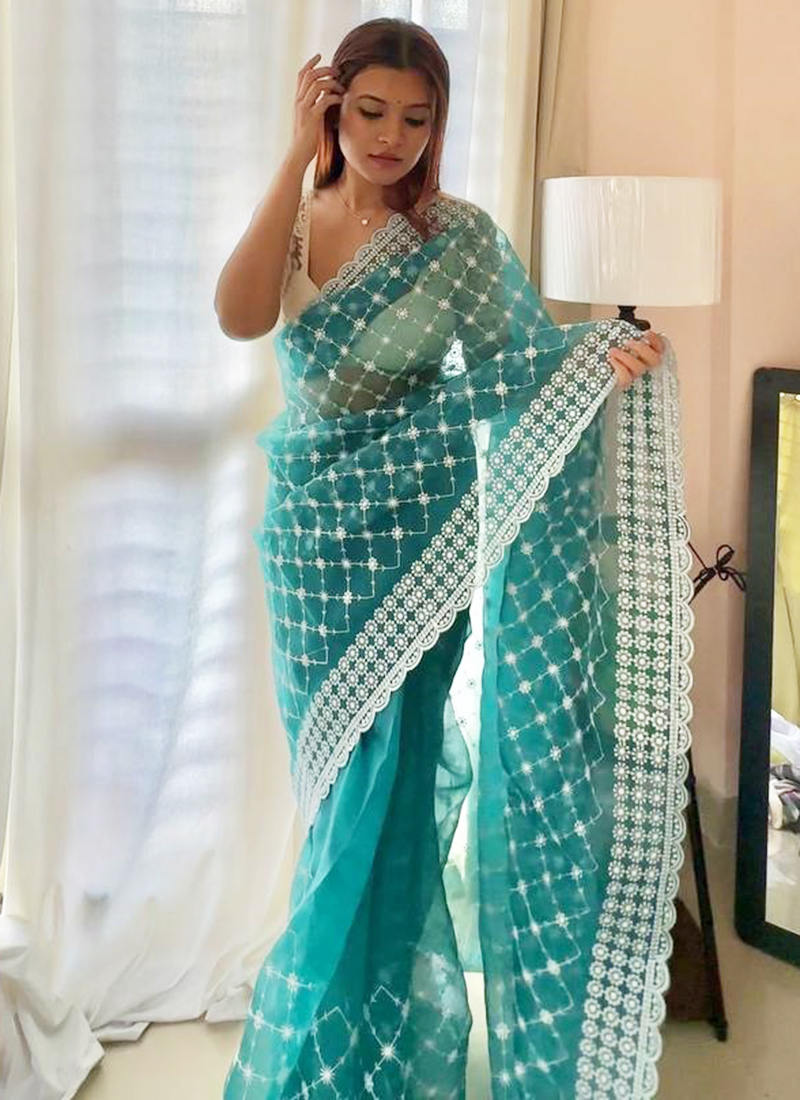 Buy Firozi Pure Organza Party Wear Thread Work Saree Online From