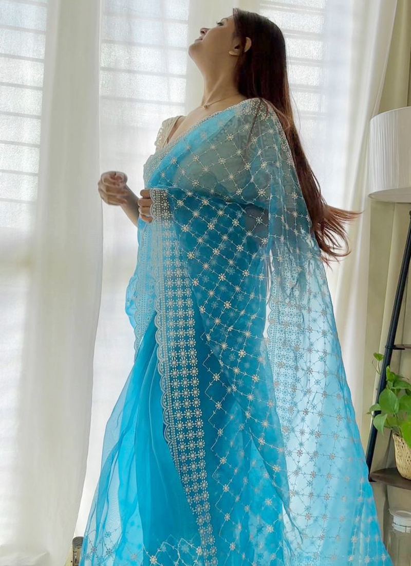 Buy Sky Blue Pure Organza Party Wear Thread Work Saree Online From