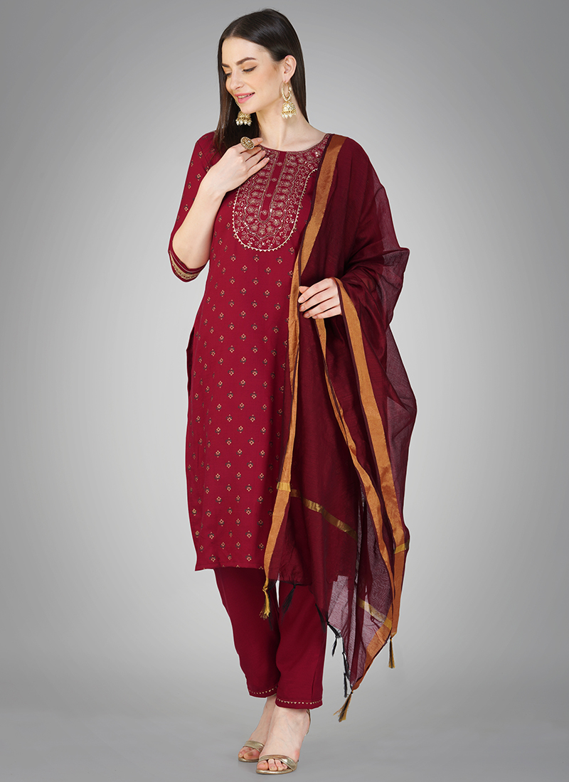 Buy Maroon Cotton Slub Daily Wear Embroidery Work Readymade Salwar