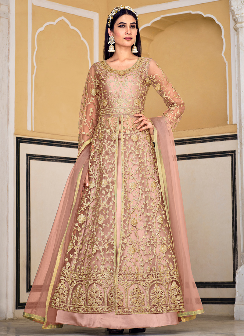 Buy Pink Pure Net Party Wear Embroidery Work Anarkali Suit Online