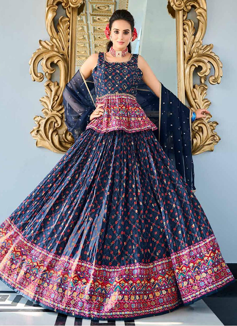 Navy blue Colour Embroidered Attractive Party Wear Silk Lehenga choli |  TheIndianFab