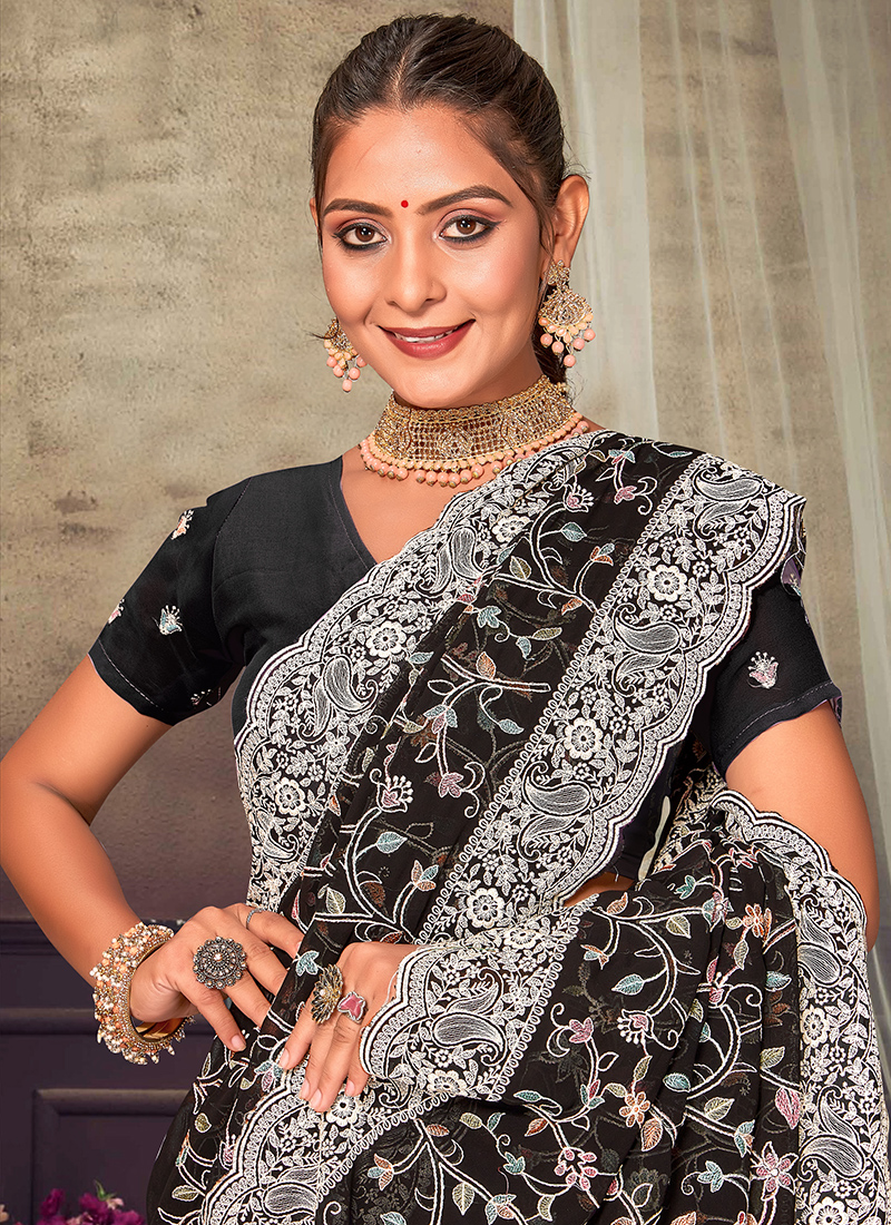 Rajanigandha Black - Aks Georgette Saree – Pakeeza Chikankari