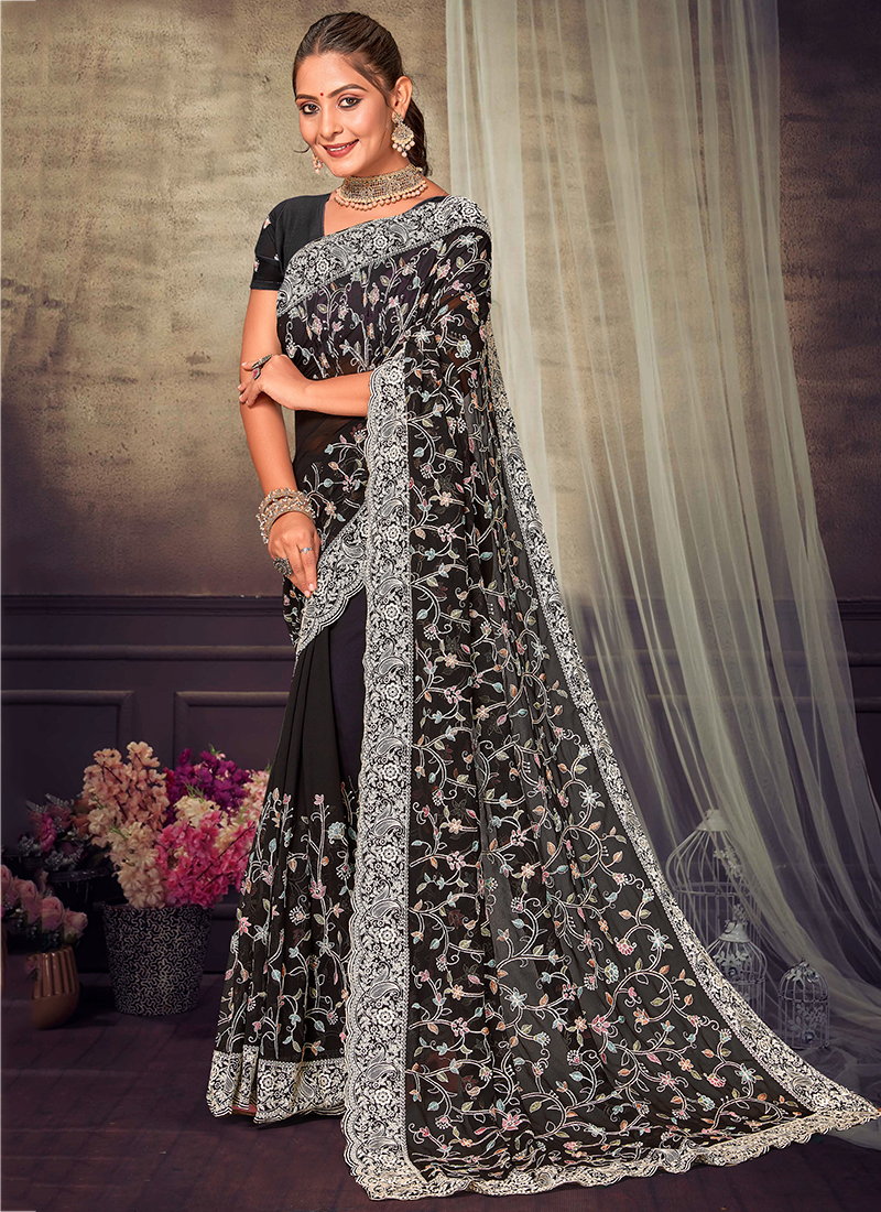 Black Lace Work Faux Georgette Classic Designer Saree | Black saree blouse  designs, Saree blouse designs latest, Black blouse designs