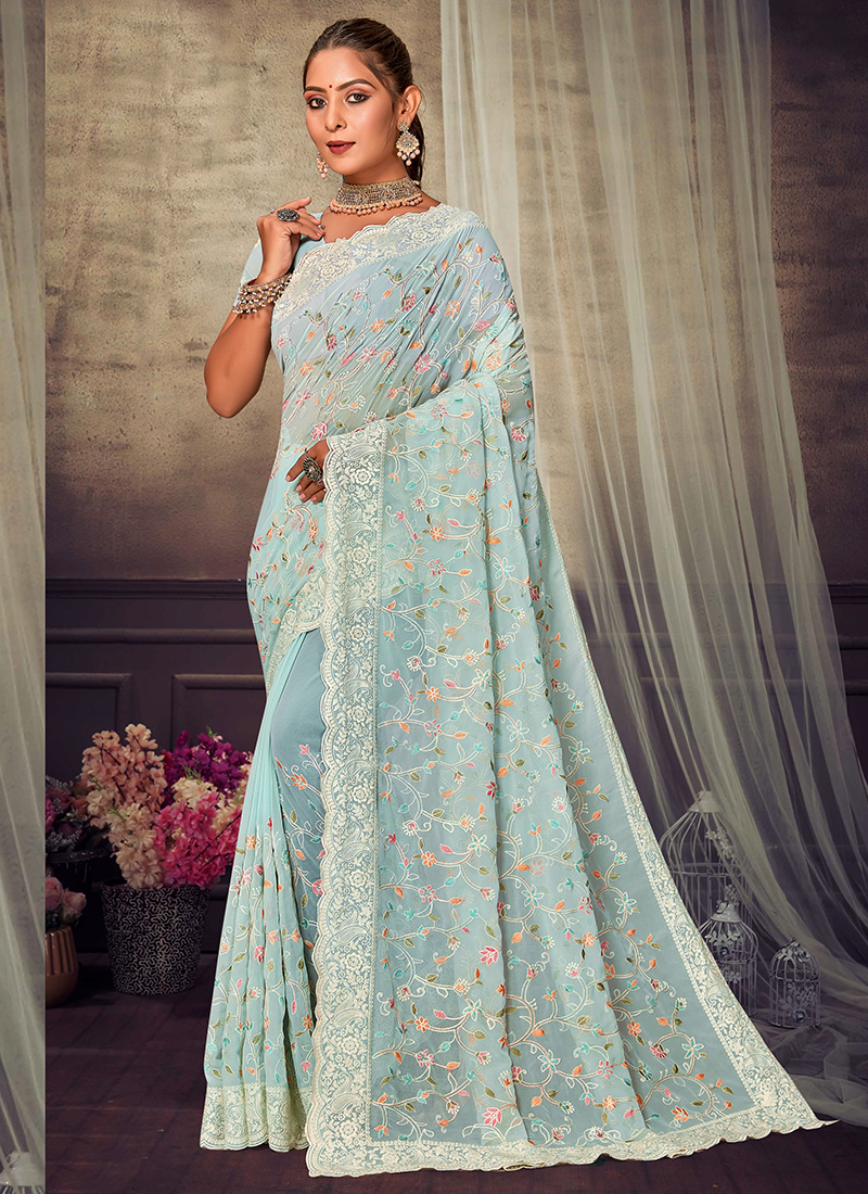 Buy Stunning Off White Lucknowi Chikankari Georgette Sari Online USA – Pure  Elegance