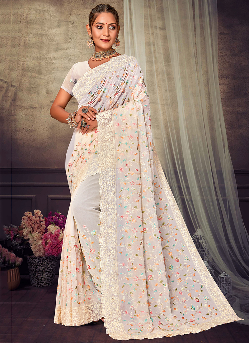 Exquisite Off White Chikankari Saree: Intricate Embroidery | Pure Cotton –  Luxurion World