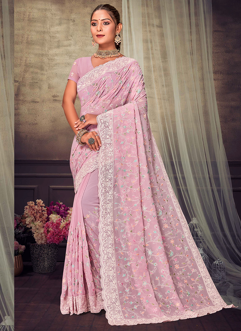 Arshia' Hand Embroidered Georgette Chikankari Saree | The Loom Studio