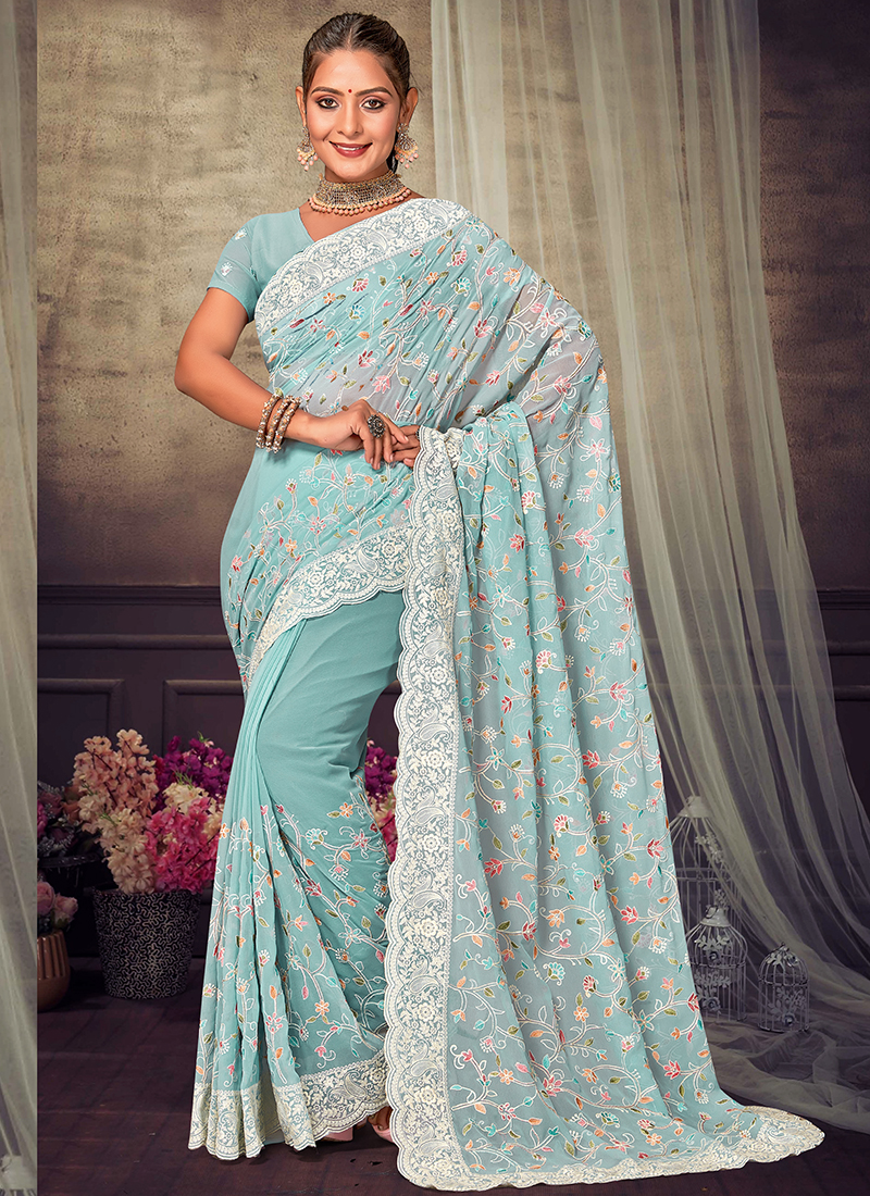 Chikankari Saree in Ivory Border and Pallu Pure Georgette with mukaish -  RZUstyle