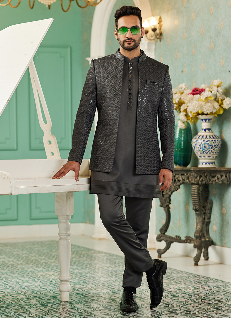 Black Art Silk Wedding Wear Thread Work 3 Pcs Jodhpuri Suit 2708