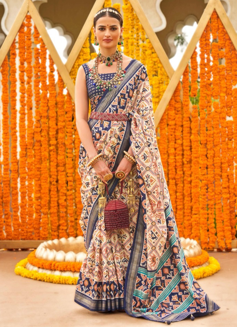 Women Party Wear Patola Print Chinnon Saree With Un Stitched Blouse