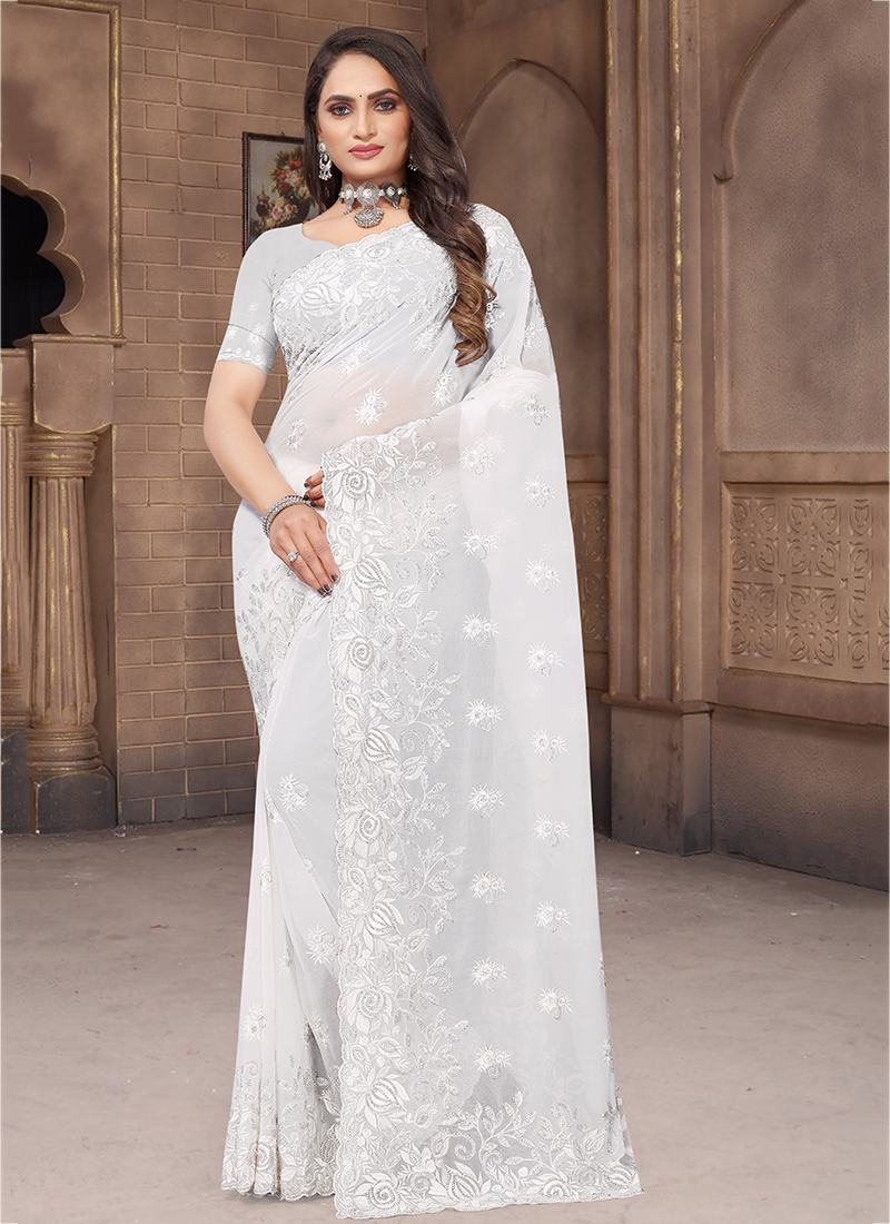 White Georgette Wedding Wear Resham Work Saree