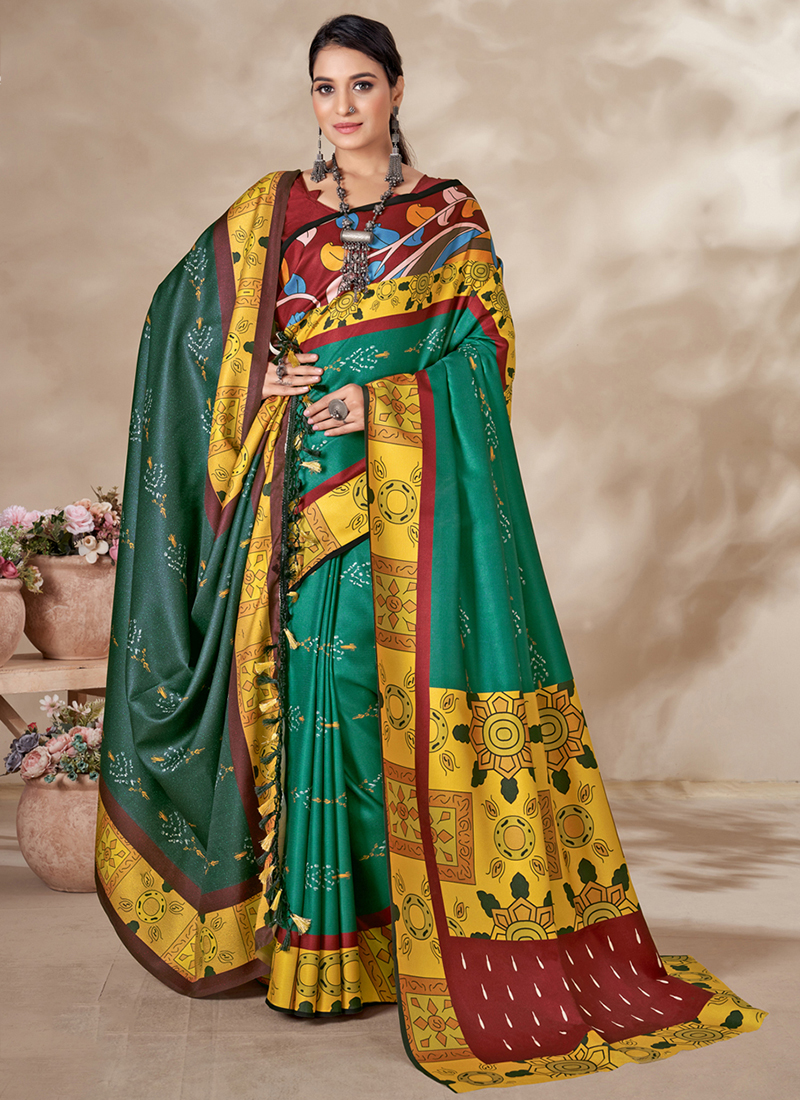 Green Pasmina Wedding Wear Digital Printed Saree With Shawl PASMINA3 1023