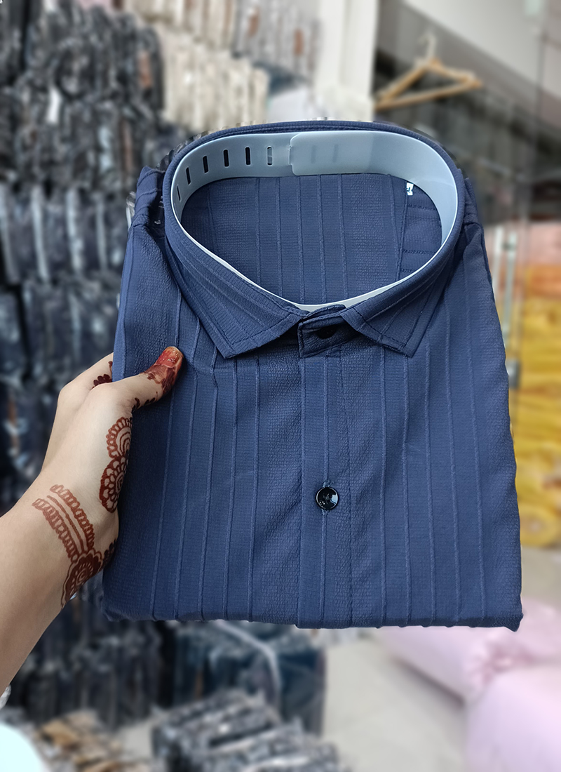 Navy Blue Popcorn Casual Wear Plain Mens Shirt