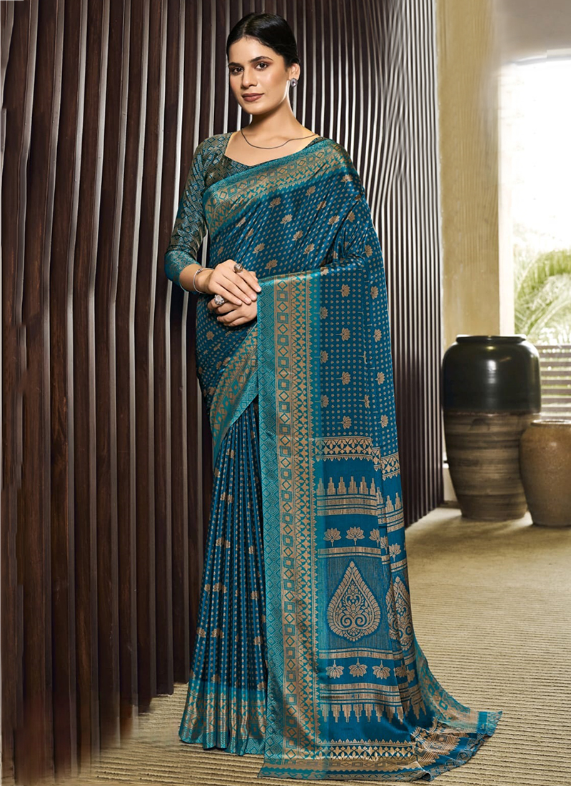 Sky Blue & Lemon Shaded Stitched Italian Crepe Saree – Faburra