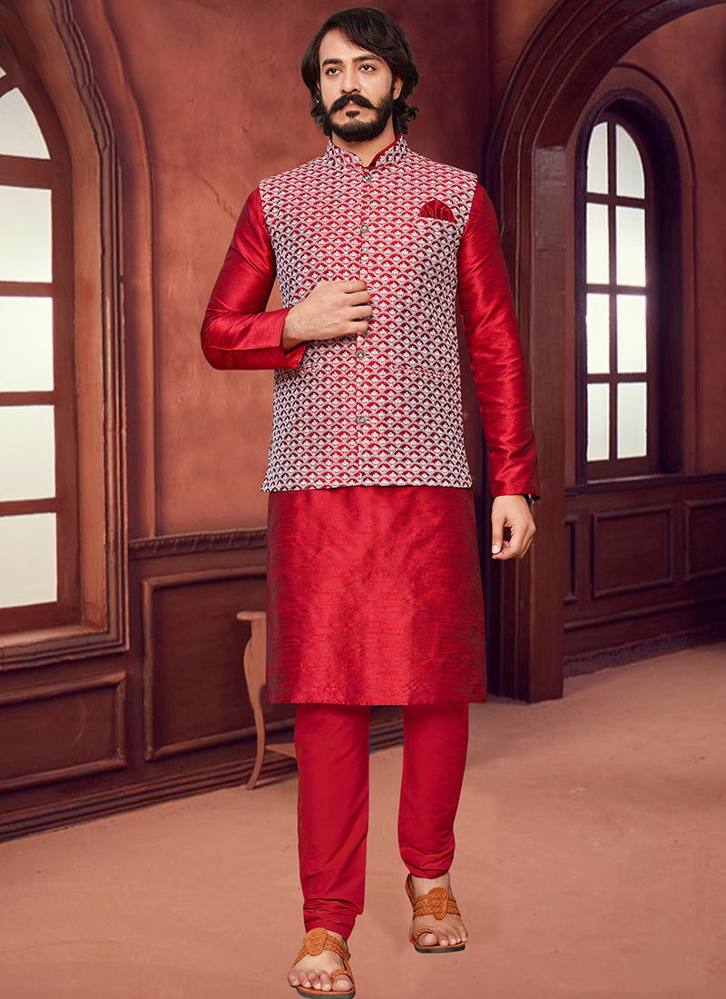 Enriching Maroon Color Cotton Fabric Kurta Pyjama With Nehru Jacket Jacket