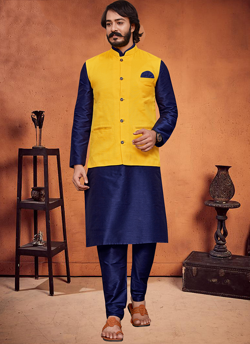 Royal Blue and Beige Modi Jacket Style Kurta Pajama RL6875422