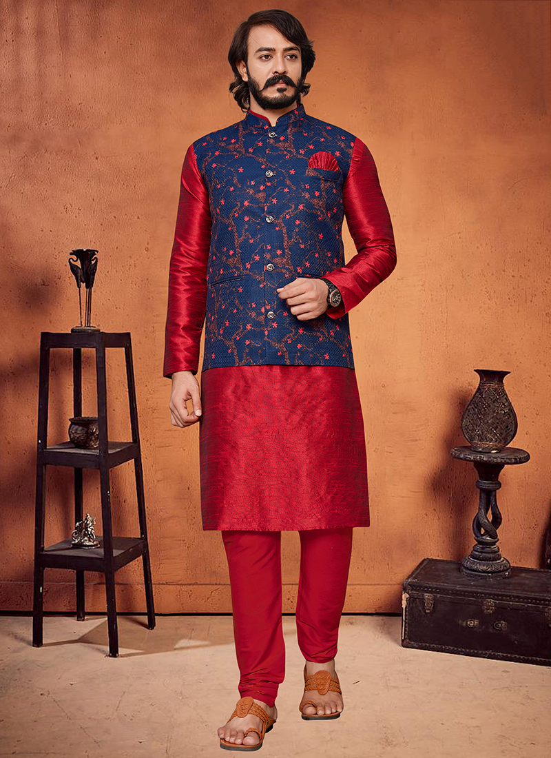 eloria Men's Traditional Gold-Toned Solid Silk Blend Kurta with Pyjama And  Printed Nehru Jacket - Walmart.com