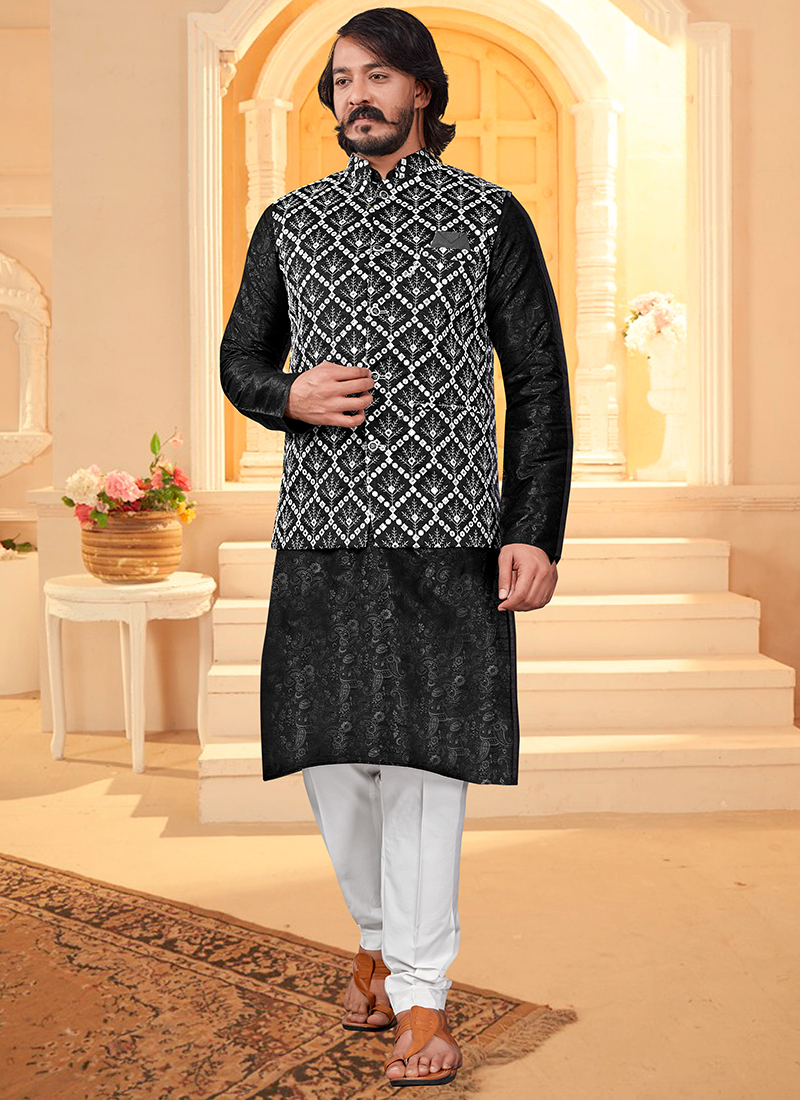 Buy Black Pure Silk Traditional Wear Mirror Work Modi Jacket Kurta Pajama Online From Wholesale Salwar