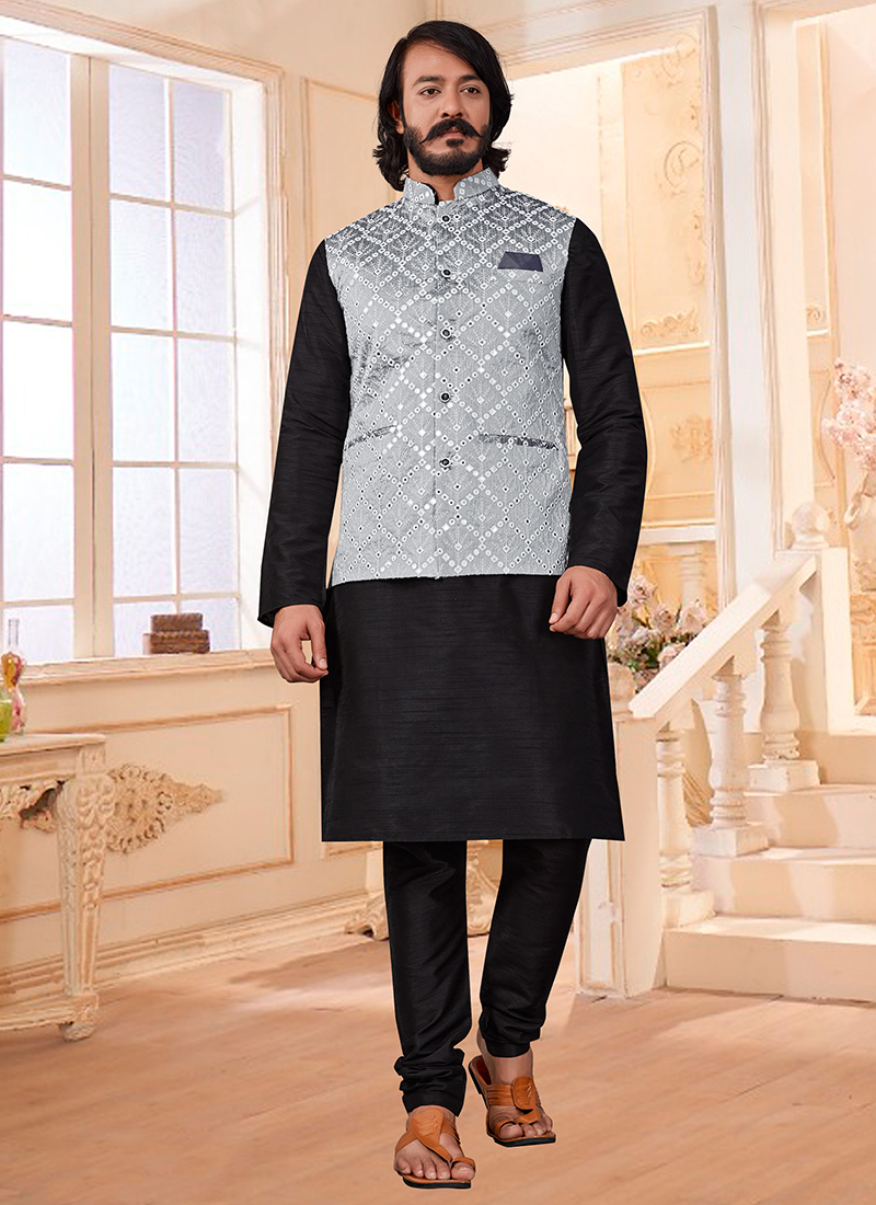 Buy Men Turquoise Woven Design Nehru Jacket Kurta Set Online